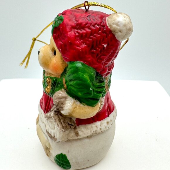 Vintage Bear Christmas Ornament With Red Hat & Sweater Green Scarf & Broom Featu - Picture 2 of 6